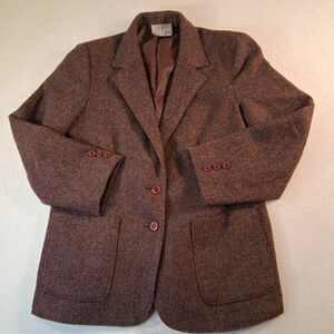Vintage Tan Jay Wool Tweed Blazer Jacket Brown Herringbone Plaid USA VTG
